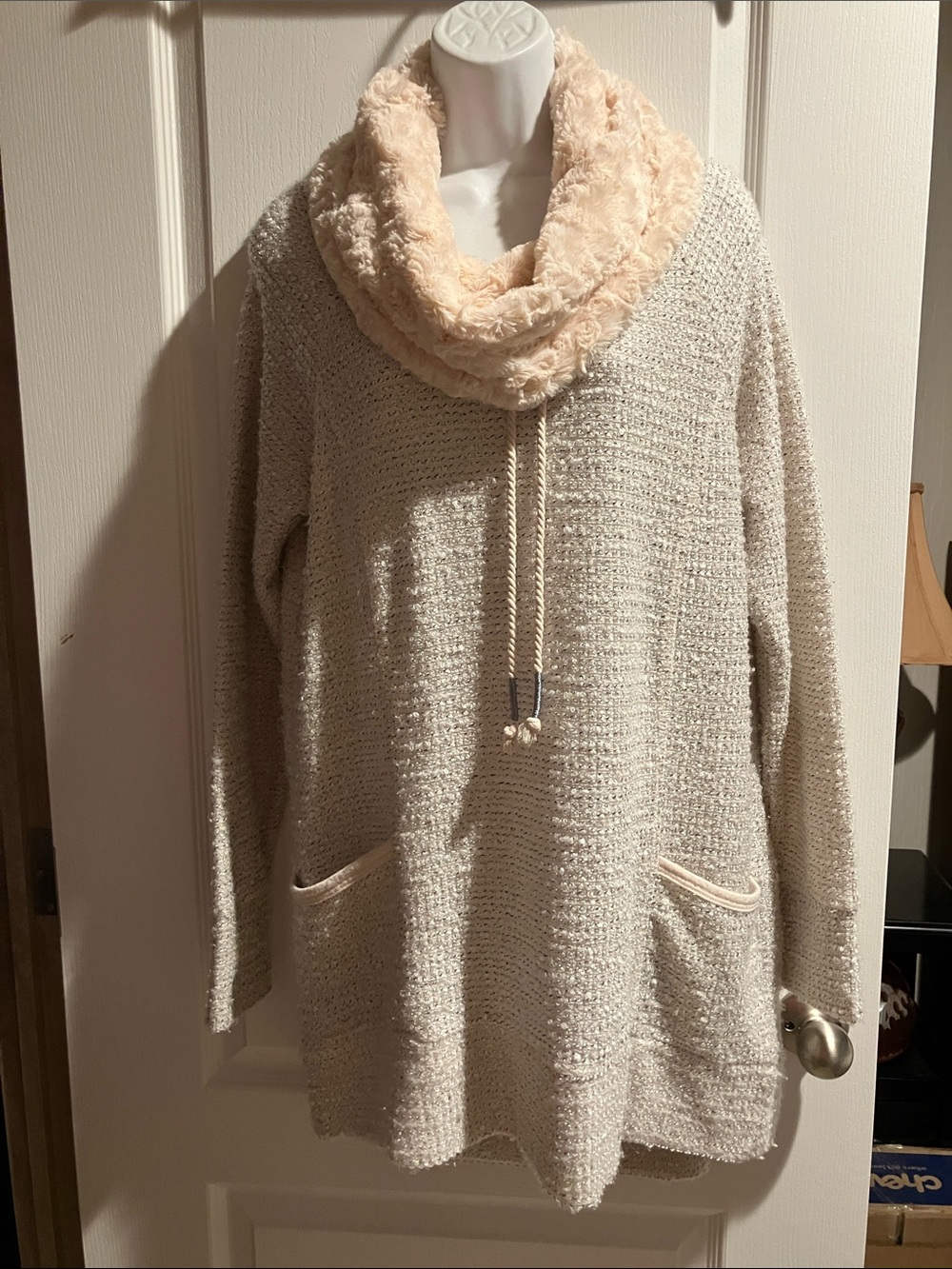 Maurices Cream Knit Funnel Neck Sweater with Faux Fur Collar